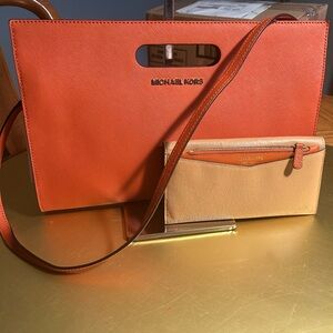 Michael Kors Orange and Tan Shoulder Bags with Gold Accents